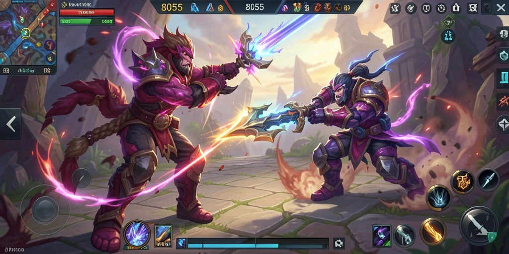 Tampilan gameplay menegangkan di 8055 dengan aksi MOBA.
