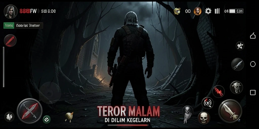 Tangkapan layar gameplay di <strong>888FW</strong> menunjukkan suasana mencekam dengan efek visual yang menakjubkan.