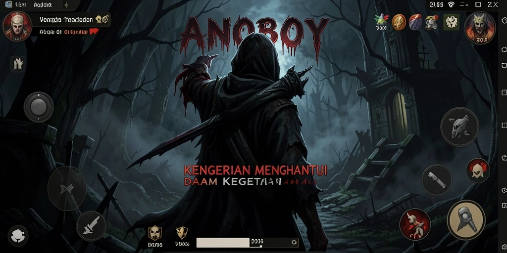 Tangkapan layar ANOBOY menampilkan suasana gameplay yang mencekam dan menyeramkan.