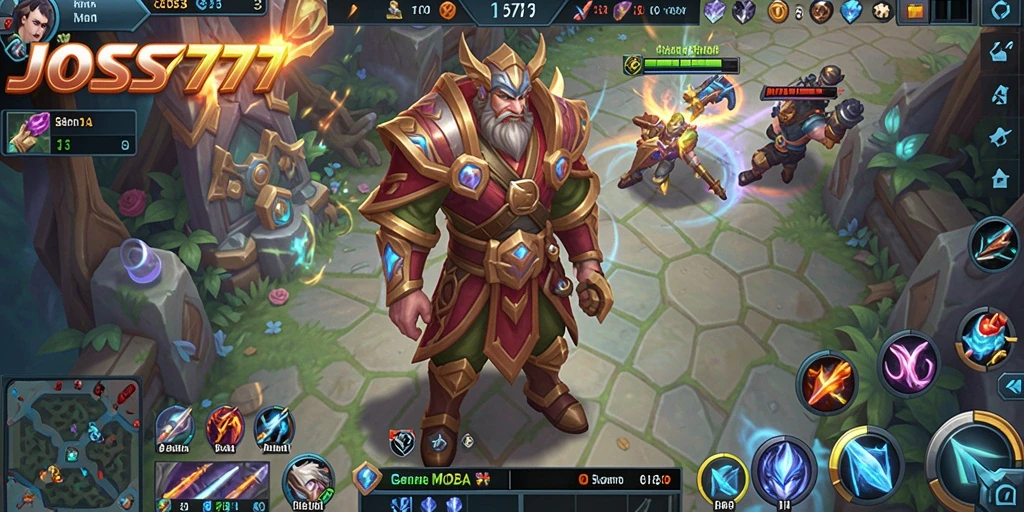 Menampilkan gameplay seru JOSS777 dengan aksi pertempuran MOBA yang mendebarkan.