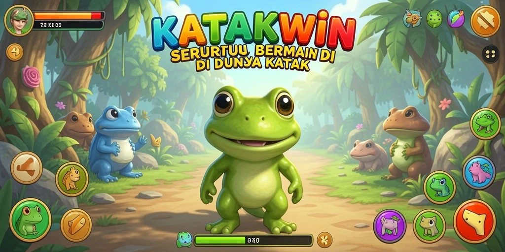Screenshot gameplay menunjukkan katak melompat melewati rintangan.