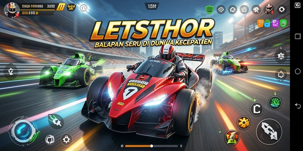 Gameplay LETSTHOR menampilkan aksi balapan yang mendebarkan di berbagai lintasan.