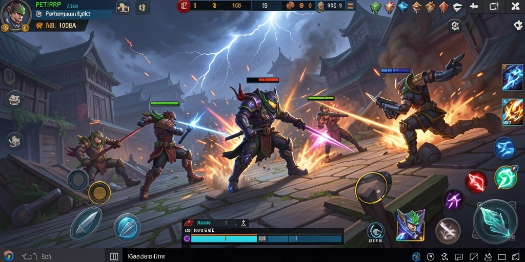 Tangkapan layar gameplay PETIRRP menampilkan pertempuran epik antara pahlawan MOBA.
