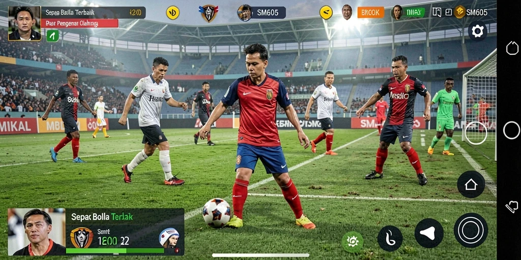 Screenshot utama SM605 menampilkan aksi seru dalam permainan sepak bola.